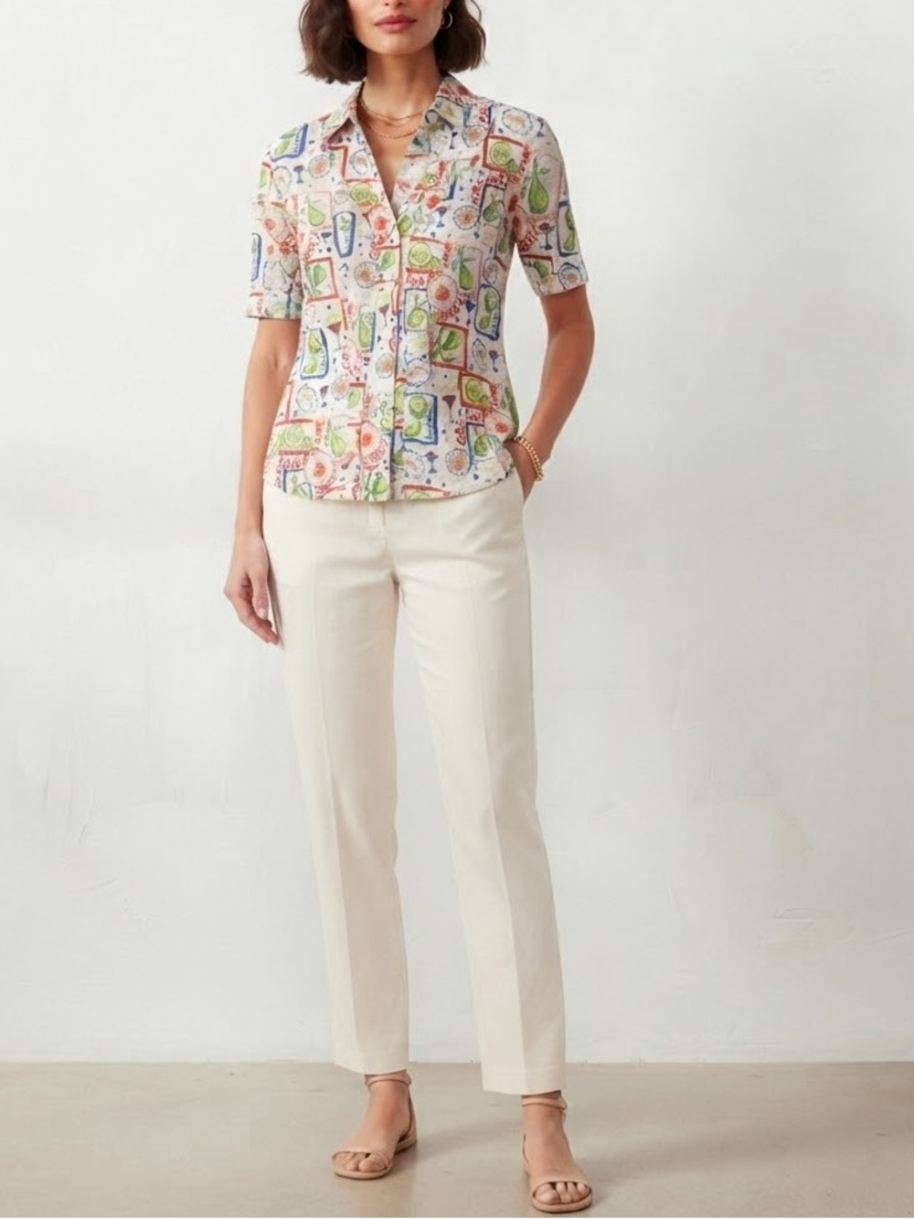 Cynthia Rowley White Button-Front Short Sleeve Top with Bright Print